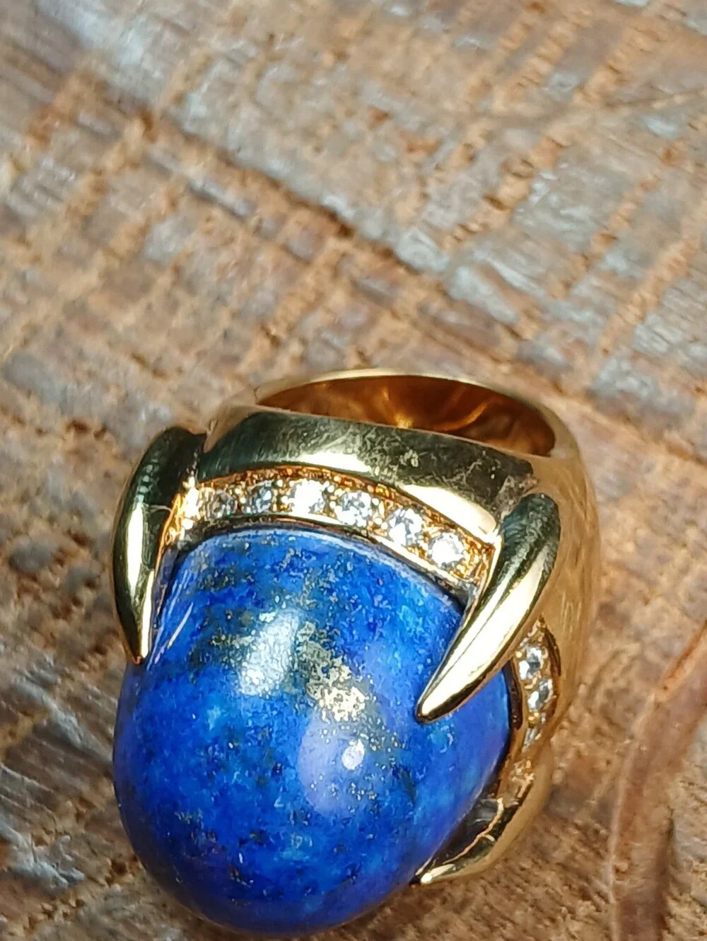 Gold-Tone Lapis Lazuli Statement Ring with Pavé Accents Size 5